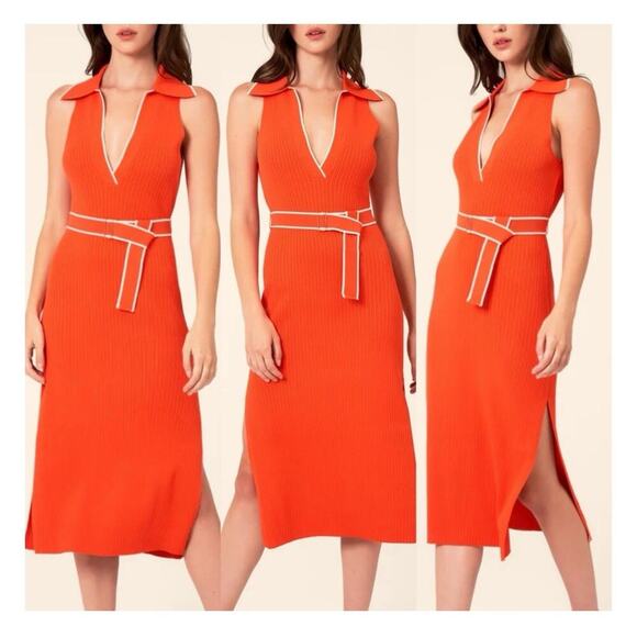 Nicholas Giuliana Ribbed Knit Midi Belted Sweater Dress Large Orange Stretchy - Picture 5 of 16